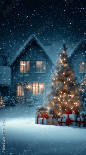 Magical Snowy Night With Lit Christmas Tree and Presents in Front of Cozy House