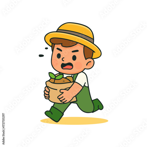 Cute farmer chibi running with seed bag cartoon illustration. Agriculture worker carrying plant sack in overalls and hat.