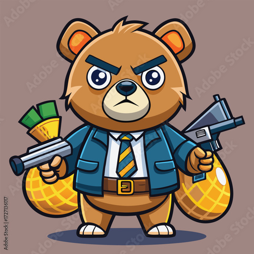 A cute yet menacing cartoon bear dressed in a suit, holding firearms and overflowing money bags. This playful character blends aggression with cartoon charm for unique visual appeal.