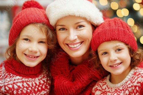 Smiling Woman With Two Children in Festive Hats During Holiday Celebration in...