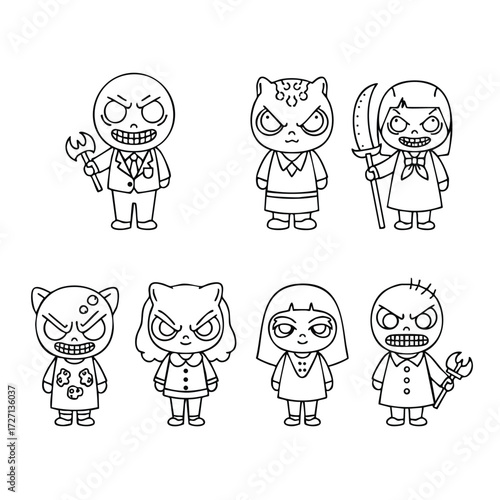 A collection of cartoon characters featuring various mischievous and villainous designs in a playful art style.