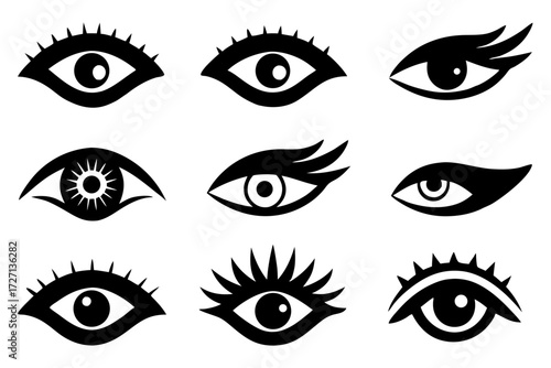 Vector illustration set of woman's eyes, face, and beauty with black eyelashes, eyebrows, and iris for makeup design and fashion art icon