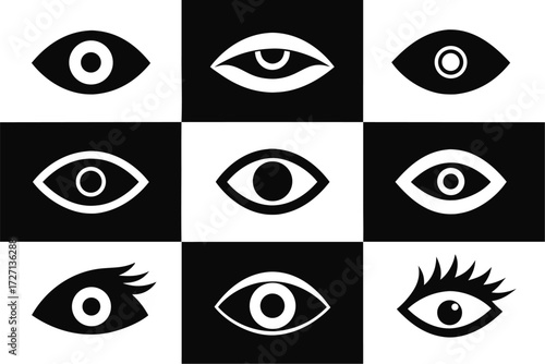 Black vector set of eye icons for design and logo illustration