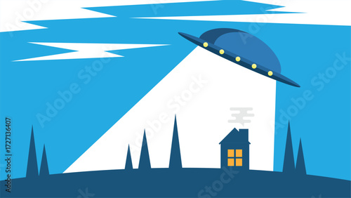 UFO above a Lonely House in the Forest at Night Flat Style. Science fiction scene and alien presence vector art