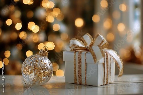 Decorative Gift Box With Golden Ribbon and Shiny Ornament in Cozy Holiday Set...