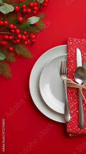 Elegant Holiday Table Setting With Festive Decor on a Red Background