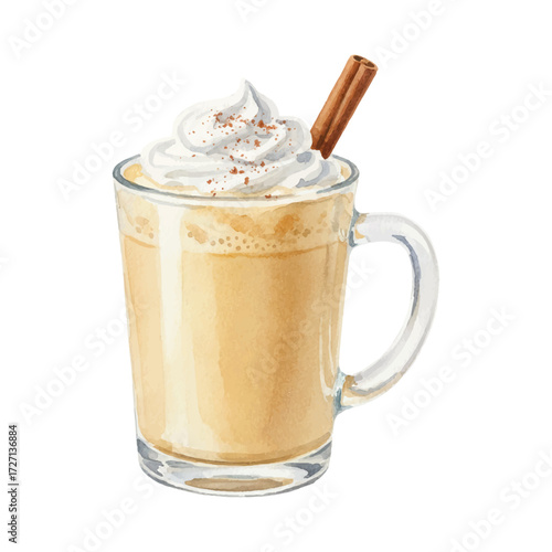 Watercolor Eggnog Glass with Whipped Cream and Cinnamon Stick Isolated on White Background, Traditional Holiday Drink Vector Illustration