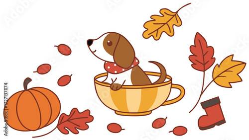 Bashful Dog with in a teacup, set in a charming Autumn theme – Autumn Leaves color vector art