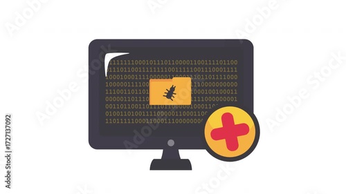Animated Virus Infected Folder and Binary Code, suitable for topics related to cybersecurity, data corruption, computer threats, antivirus software, and technology problems. Alpha Channel, 4k Video