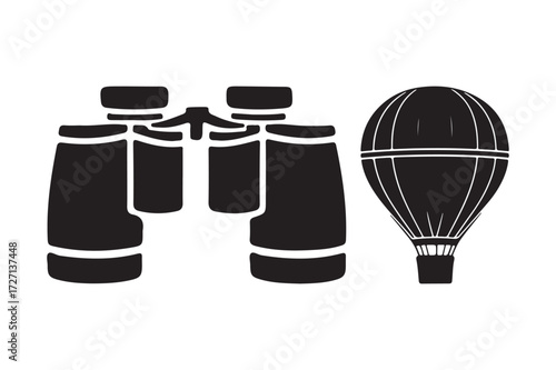 Binoculars and hot air balloon silhouette icon