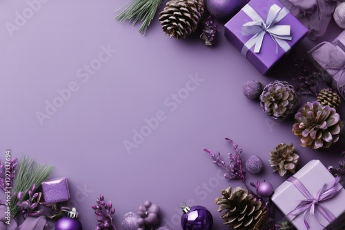 Festive Purple Holiday Decorations With Gifts and Ornaments Arranged Elegantly.