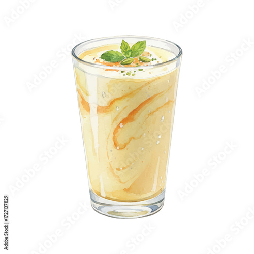 Watercolor Lassi Vector Illustration Isolated on White Background, Traditional Indian Yogurt Drink Clipart for Menu, Cafe, Restaurant and Culinary Design