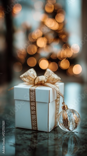 Festive Gift Box With Golden Ribbon and Ornament in Front of a Beautifully Li...
