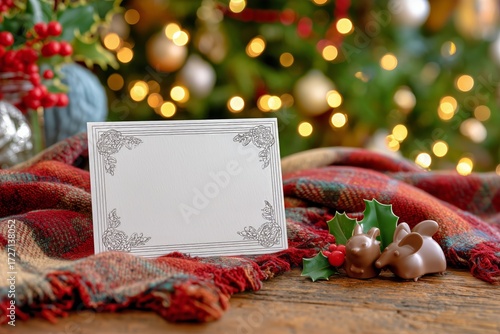 Holiday Decoration With Chocolates, Blank Card, and Festive Elements on a Coz...
