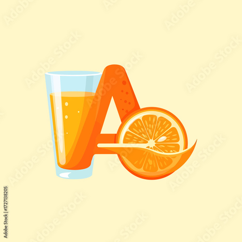 Illustration of an orange juice glass, the letter A, and a sliced orange, all in a vibrant design.