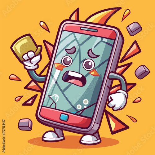 A distressed cartoon smartphone with a cracked screen and sad eyes drops its screen protector, symbolizing phone damage and sadness. Vibrant orange background suggests impact.
