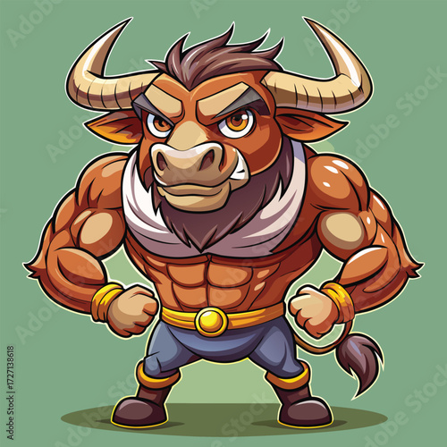 A muscular and intimidating minotaur character stands ready for battle. This fantasy creature boasts impressive strength and a determined expression, perfect for games or storytelling.