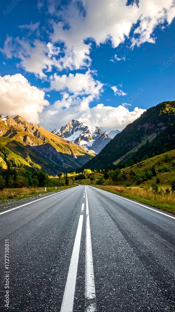 Naklejka premium Asphalt road vanishing into a mountain valley under a vibrant sky