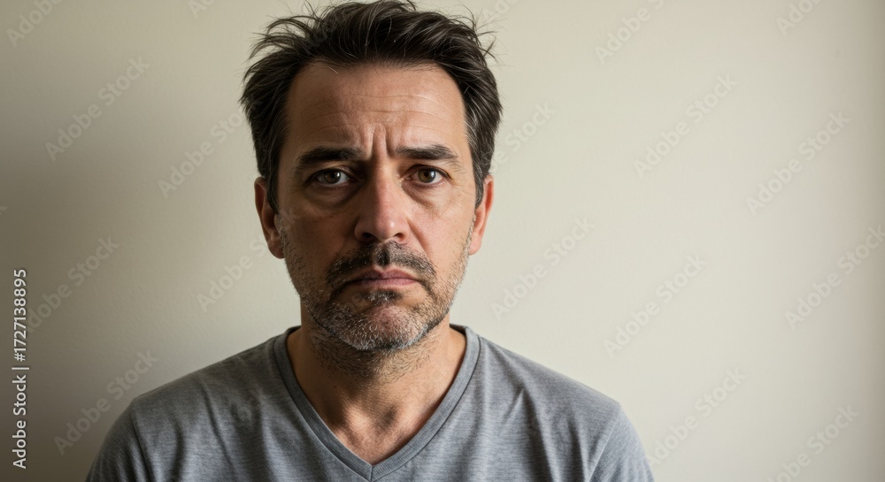 Fototapeta premium Emotional portrait of a man indoor setting neutral background human expression