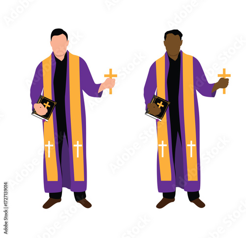 Figure of a Priest Character with Bible and Cross Isolated on White. Religious people and professions vector art