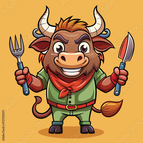A fierce yet friendly cartoon bull character stands ready with cutlery. His determined expression and confident stance suggest he's prepared for a hearty meal or a culinary adventure.