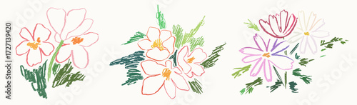 Sketch crayon style modern simple flower art poster or placard collection. Ink, charcoal, pencil or chalk style plants or floral elements drawing. Colorful hand drawn flowers vector illustration set.