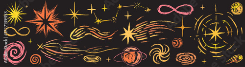 Colorful pastel drawn stars, comets and galaxies. Set of doodle pencil or charcoal eternal cosmic universe drawings. Crayon charcoal textured drawings of night sky symbols and cosmic motif.