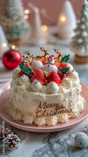 Festive Christmas Cake Decorated With Strawberries and a Snowman on a Pink Plate