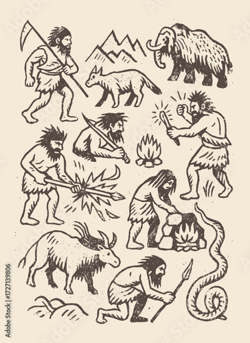 Primitive humans with mammoth, fire, tools, and hunting scenes depicting prehistoric life.