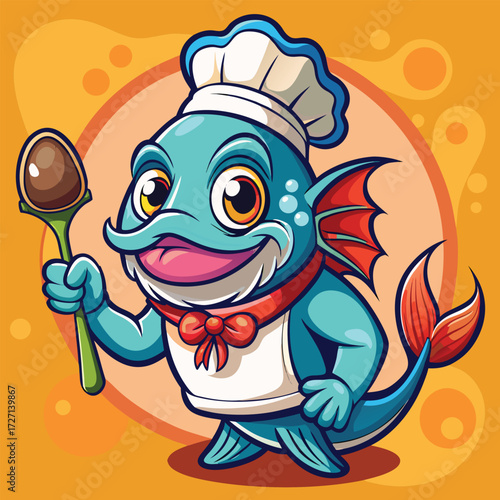A charming cartoon fish dressed as a chef, wearing a toque and apron, holds a spoon. Perfect for food-related themes, culinary art, and fun kitchen designs.