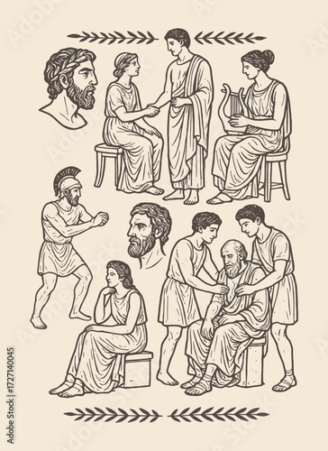 Ancient Greek philosophers gathered in discussion, teaching and sharing wisdom in classical attire.