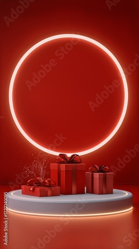 Elegant Red Gift Display With Circular Light and Festive Decorations for Holi...
