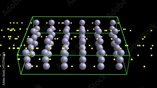 Electrons flow through superconductor material. Particles flow through even arrangement of atoms.
Particles flowing through orderly atomic array.
3d animation render