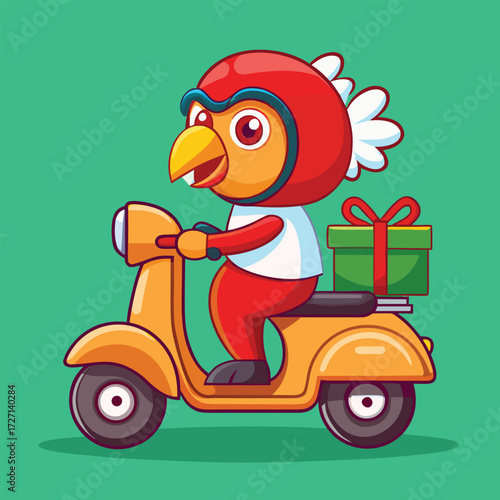 A charming, stylized bird character wearing a helmet zooms along on a vintage-style scooter, carrying a wrapped present. Perfect for delivery services, speed, and cheerful transportation themes.