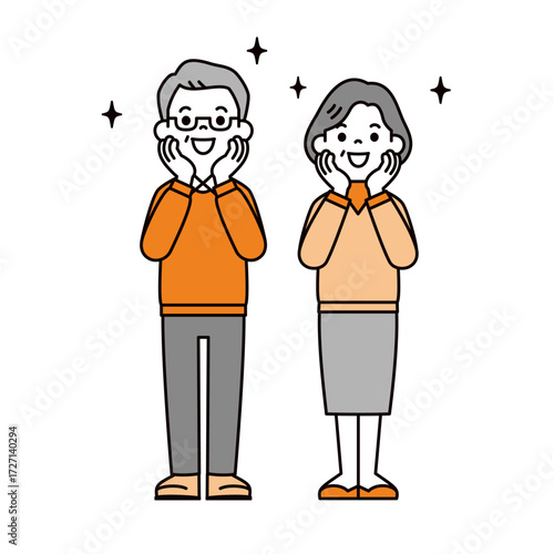 頬に手を当てて感激する、60代・70代の夫婦のシンプルな全身ベクターイラスト素材