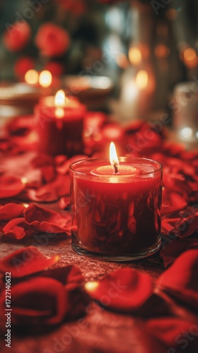 Romantic Evening With Red Candles and Rose Petals in a Cozy Setting.