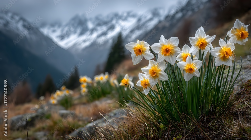 Obraz premium Stunning close-up of wild daffodils blooming on a mountainside, with a majestic, snow-capped mountain range softly blurred in the background.