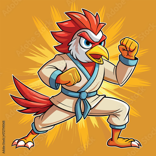 A determined rooster warrior in a white martial arts uniform strikes a powerful pose. Its fiery red comb and intense eyes convey a readiness to compete and win.