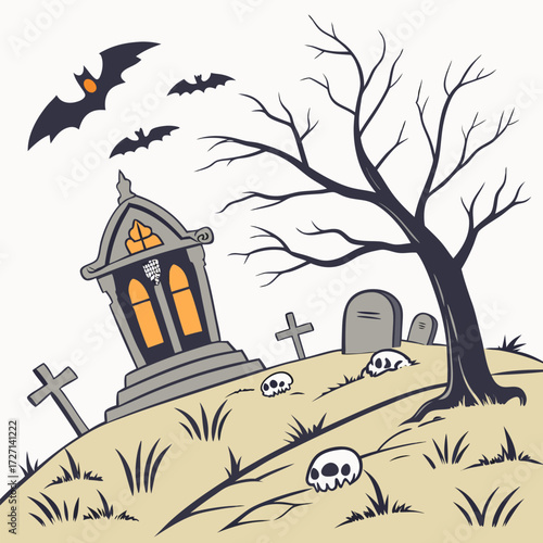Creepy Graveyard Halloween Cartoon Illustration