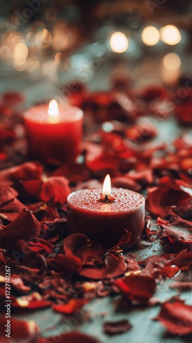 Romantic Candles Surrounded by Rose Petals for an Intimate Evening Setting