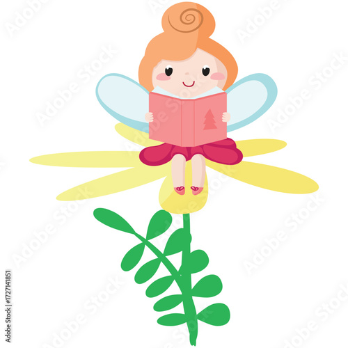 Cute fairy vector illustration. Cartoon magic girl character with wings. Fairytale princess in costume sitting on flower and reading book. Fantasy little forest pixie isolated on white background