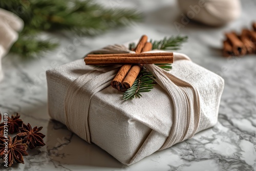 Elegant Gift Wrapped in Natural Materials With Cinnamon and Greenery on Marbl...