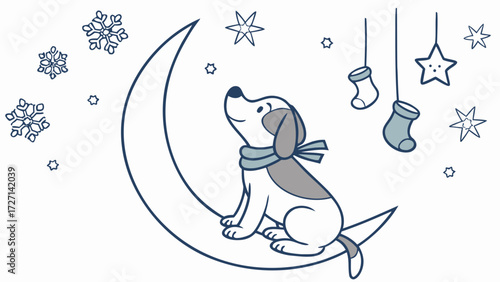 SVG art: A Funny Dog in a Cozy winter vibe with sitting on a moon, tinted with Frosty Winter tones