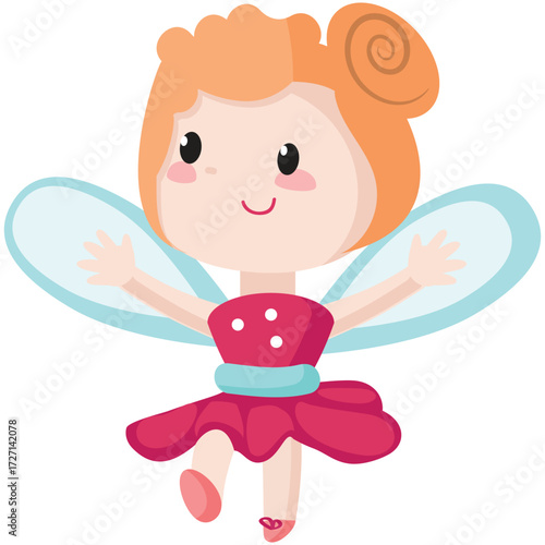 Cute fairy vector illustration. Cartoon magic girl character with wings. Happy fairytale princess in costume smiling. Fantasy little forest pixie with raised arms isolated on white background