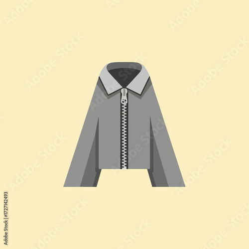 A minimalist flat vector illustration of a gray zip-up jacket with a collar on a light yellow background.
