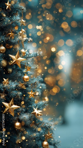Brightly Decorated Christmas Tree With Golden Ornaments and Stars in Festive ...