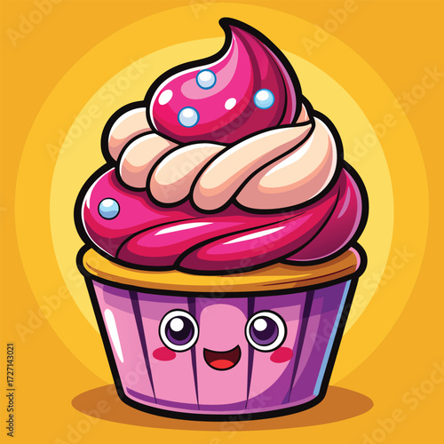 A delightful cartoon cupcake with vibrant pink frosting and a cheerful face. This sweet treat is perfect for adding a touch of joy and deliciousness to any design.