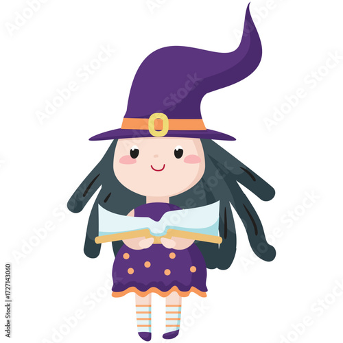 Witch with spell book vector. Cute halloween magician girl isolated icon illustration. Wicked fairy in magic hat isolated on white background