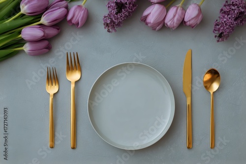 Elegant Table Setting With Golden Cutlery and Fresh Purple Flowers in a Simpl...