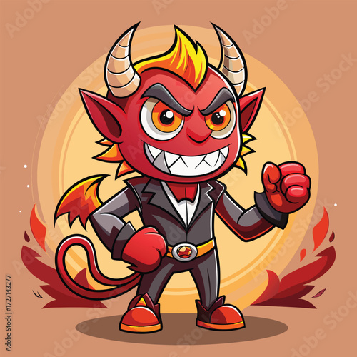 A mischievous cartoon devil character with bright red skin, sharp teeth, and fiery accents poses confidently. This playful demon is depicted in a smart suit, showcasing a fun and approachable design.
